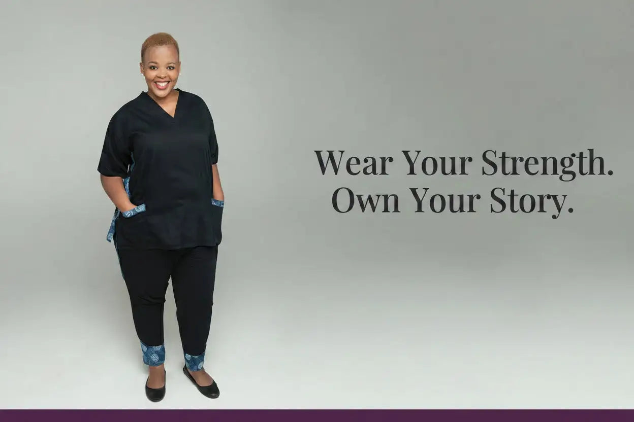 Black v-neck top with short sleeves and blue patterned trim at the pockets.