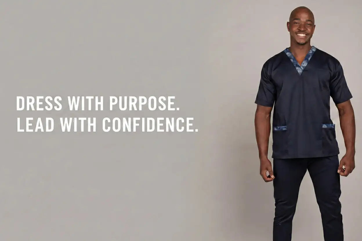 Navy blue short-sleeved scrub top with patterned collar and pocket trim