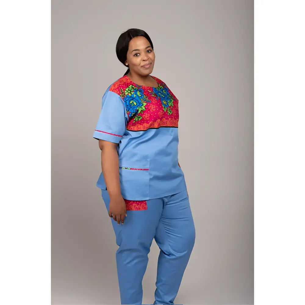 Zamani Range Tsonga Print Round Neck Blue Scrub Set – Alabaster
