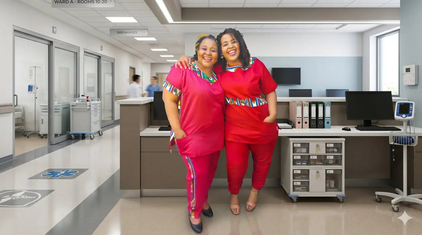 Two women in vibrant red outfits with colorful patterned accents stand together in a hospital hallway.