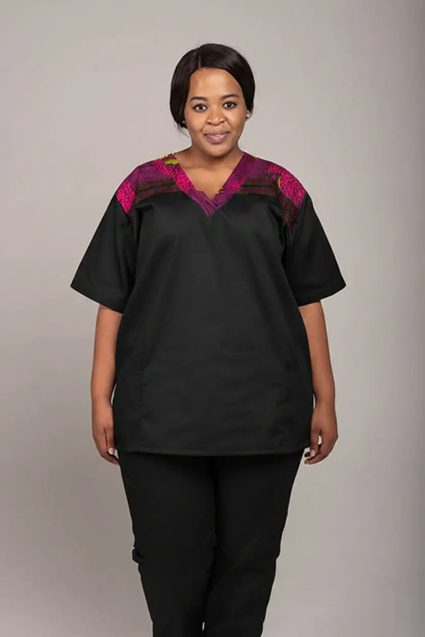 Zamani Range African Print V-Neck Scrub Top only - S / black