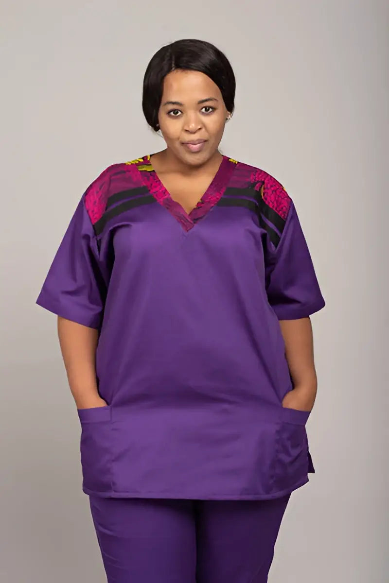 Zamani Range African Print V-Neck Scrub Top only - S / purple